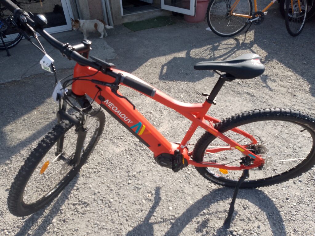 Vélo Neomouv électrique orange chez Bicicleta-Maurandy à lacaune-alban-brassac-81230, devant le magasin au soleil,