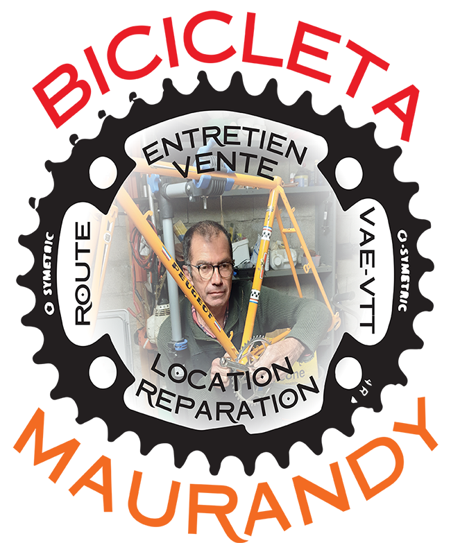 Logo Bicicleta-Maurandy, services vélo à lacaune-alban-brassac-81230 sur fond dynamique rouge orange,